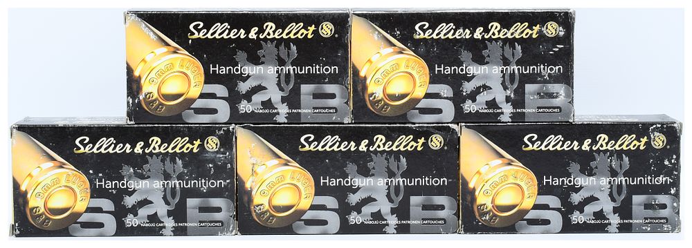 Lot 454: A Lot of 250 Rounds Sellier & Bellot SB9C 9mm Luger 115 gr Jacketed Hollow Point Ammunition