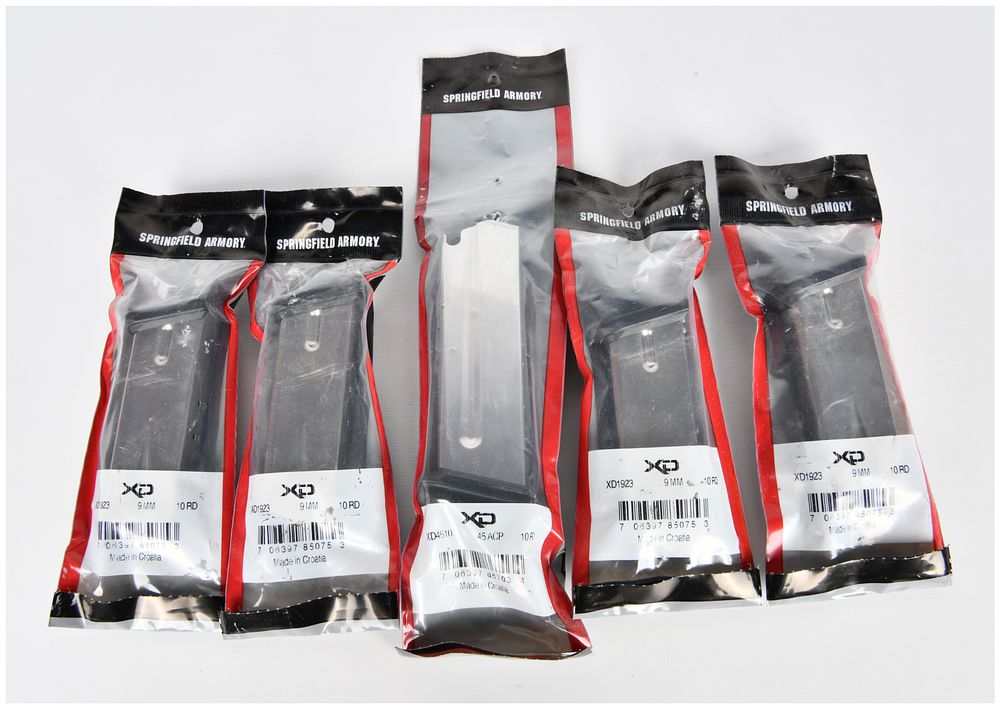 Lot 464: A Group of Five Springfield Armory XD Magazines, Four 9mm 10-Round and One .45 ACP 10-Round