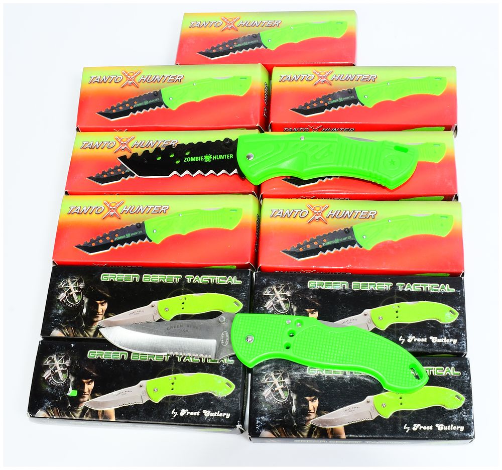 Lot 479: A Group of 10 Frost Cutlery Tanto Hunter and Green Beret Tactical Folding Knives