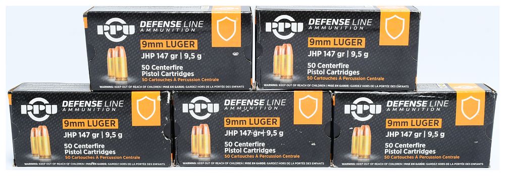 Lot 490: Prvi Partizan PPU Defense Line 9mm Luger 147 gr JHP Ammunition, 250 Rounds