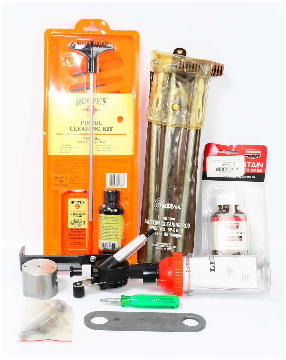 Lot 503: A Collection of Hoppe's Pistol Cleaning Kit, Outers Shotgun Rod, and Reloading Supplies