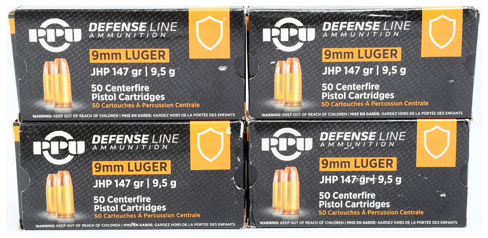 Lot 550: PPU Defense Line 9mm LUGER JHP 147 gr Centerfire Pistol Cartridges - Four Factory-Sealed Boxes (200 Rounds)