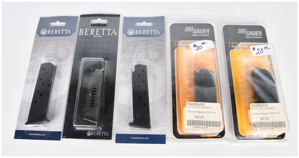 Lot 554: A Group of Five New, Sealed Beretta and Sig Sauer Pistol Magazines, including .380 ACP, .22LR, and .40/.357 Calibers