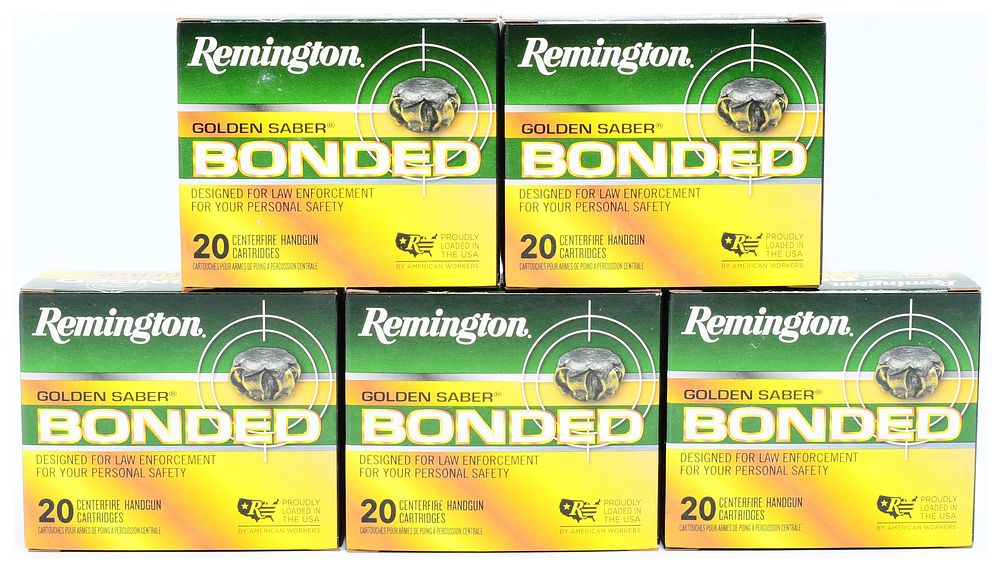 Lot 556: Remington Golden Saber® Bonded 9mm Luger +P 124 GR. BJHP Centerfire Handgun Cartridges, 100 Rounds