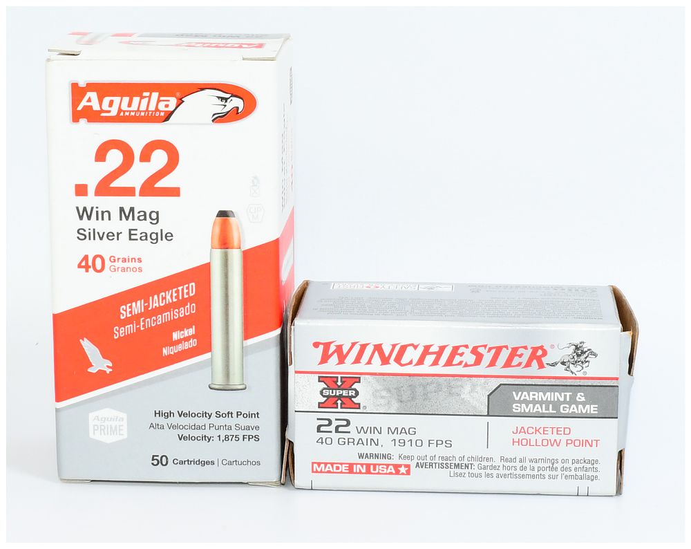 Lot 565: 100 Rounds of .22 WMR Ammunition: Aguila Silver Eagle and Winchester Super-X