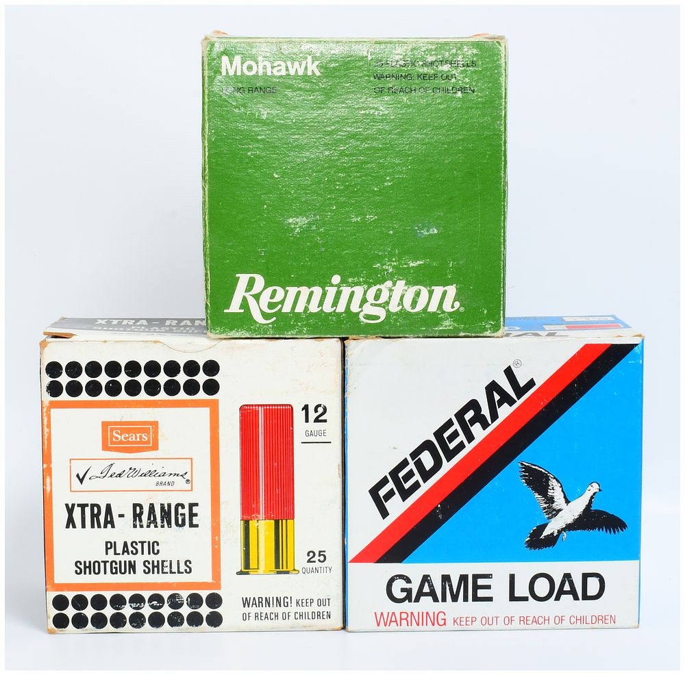 Lot 571: Three Boxes of Vintage 12 Gauge Shotgun Ammunition, 75 Rounds Total, including Remington, Sears Ted Williams, and Federal