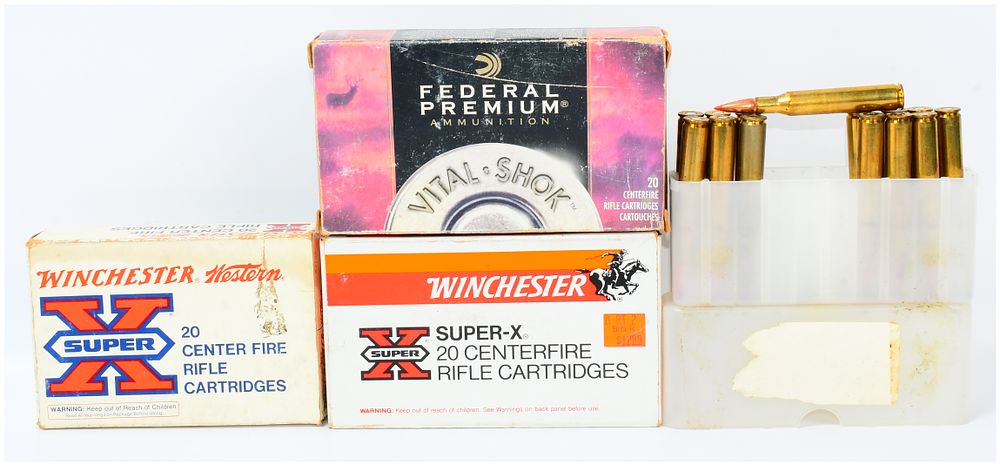 Lot 592: 74 Rounds of Mixed Headstamped Remanufactured Centerfire Rifle Ammunition and Spent Casings, featuring Federal Premium Vital-Shok and Winchester Super-X