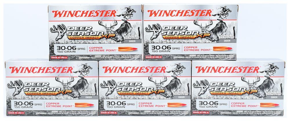 Lot 1066: Winchester Deer Season XP Copper Impact 30-06 SPRG 150 Grain Copper Extreme Point Rifle Ammunition, 100 Rounds