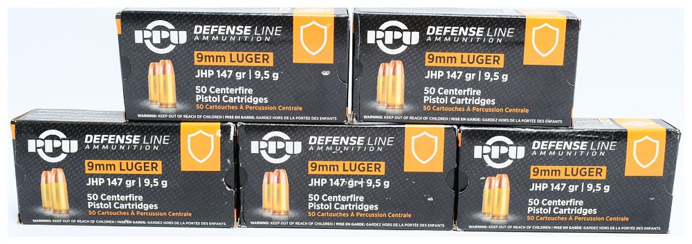 Lot 1069: A Lot of 250 Rounds Prvi PPU Defense Line 9mm Luger 147gr JHP Ammunition
