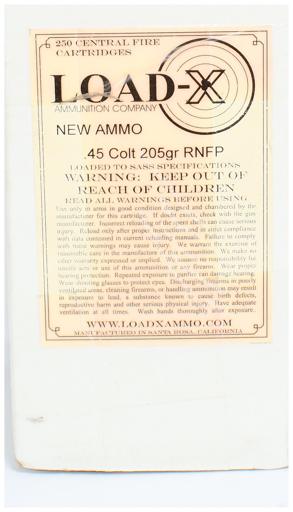 Lot 1072: 250 Rounds of LOAD-X AMMUNITION COMPANY Remanufactured .45 Colt RNFP Ammunition, SASS Specifications