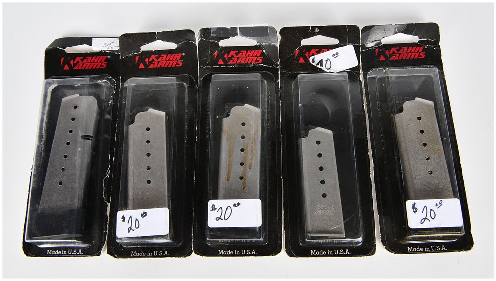 Lot 1073: A Group of Five Kahr Arms New-Old-Stock Factory Magazines for 9mm, .40 S&W, and .380 ACP