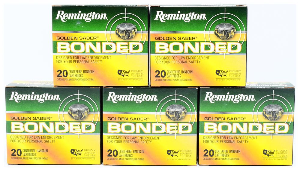 Lot 1075: Remington Golden Saber Bonded 9mm LUGER+P 124 GR. BJHP Ammunition, 100 Rounds