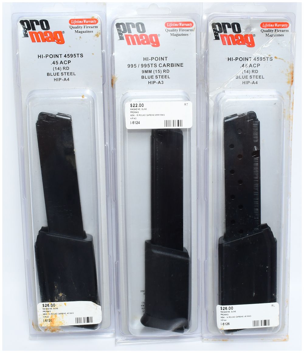 Lot 1082: Three New ProMag Hi-Point Carbine Magazines: Two .45 ACP 14-Round (HIP-A4) and One 9MM 15-Round (HIP-A3)