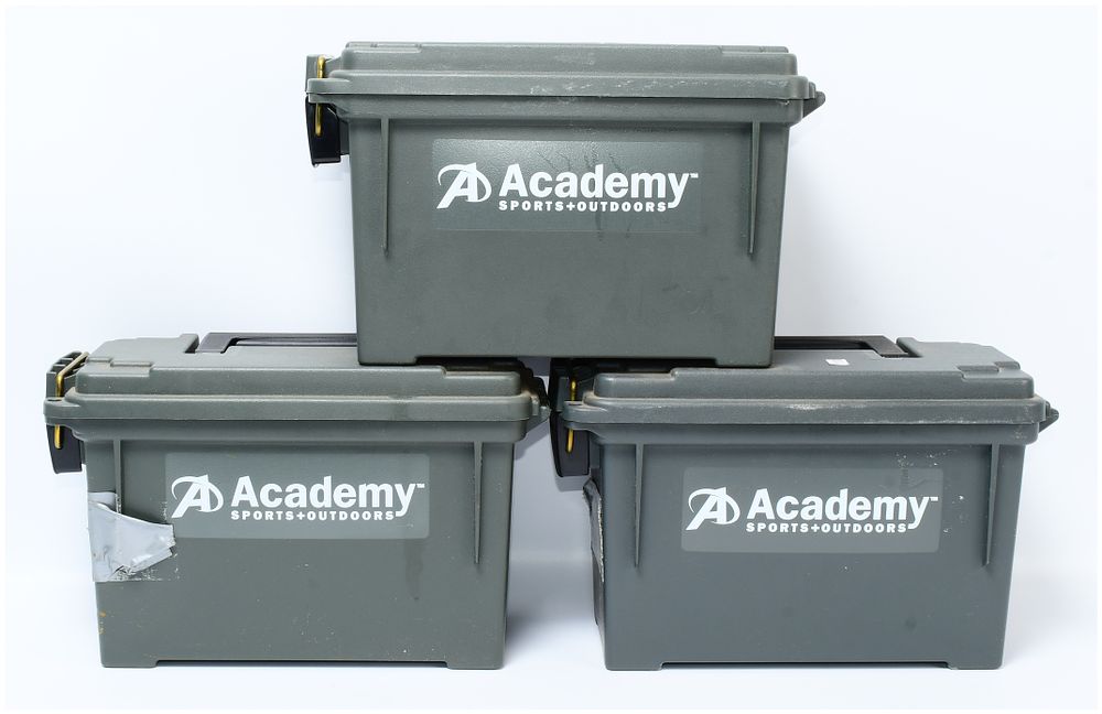 Lot 1085: Three Academy Sports + Outdoors Field Ammo Boxes