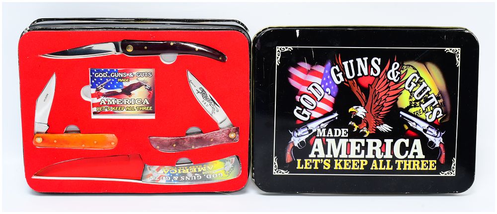 Lot 1088: A Set of Four Patriotic-Themed Folding Knives in Presentation Tin, Marked 'Pakistan'