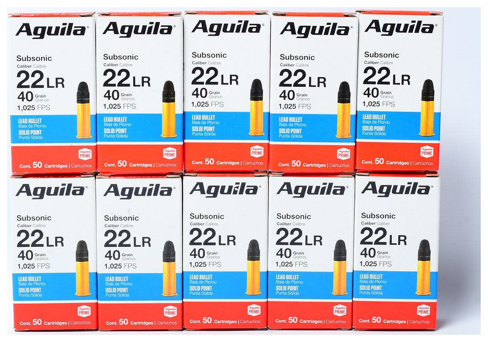 Lot 1099: Aguila Subsonic 22 Long Rifle 40 Grain Lead Bullet Solid Point Ammunition, 500 Rounds