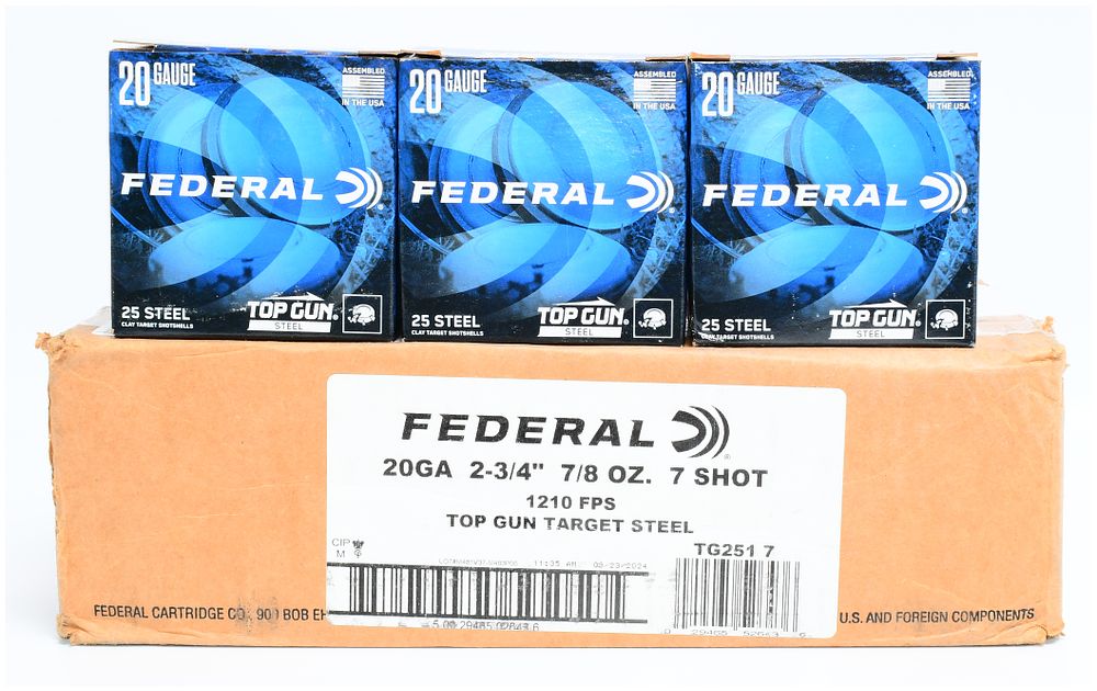Lot 1105: 250 Rounds Federal Top Gun Target Steel 20 Gauge 2-3/4" 7/8 oz. 7 Shot Shotshells