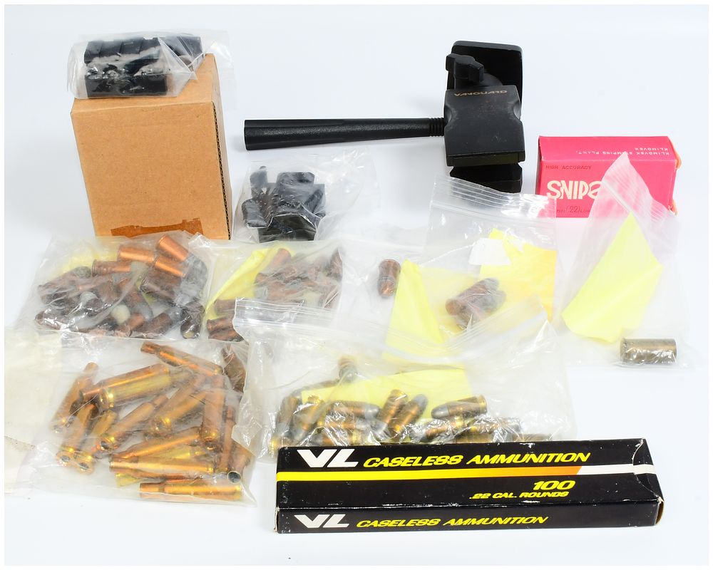 Lot 1106: A Collection of VL Caseless and Klimovsk Sniper .22 Caliber Ammunition, Reloading Components, and a Vanguard Shooting Accessory
