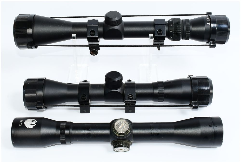 Lot 1130: Three Modern Black-Finished Rifle Scopes, including AIM and Ruger