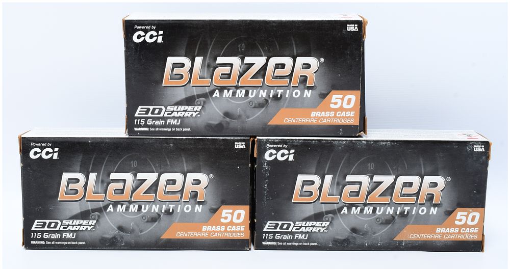 Lot 1150: CCI Blazer Ammunition 30 Super Carry 115 Grain FMJ Brass Case - 150 Rounds