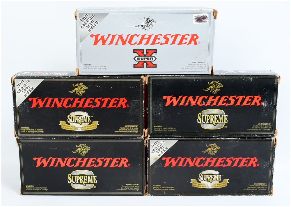 Lot 1177: 100 ROUNDS Winchester 7mm WSM Ammunition, Super X Power-Point and Supreme Series Ballistic Silvertip & Fail Safe