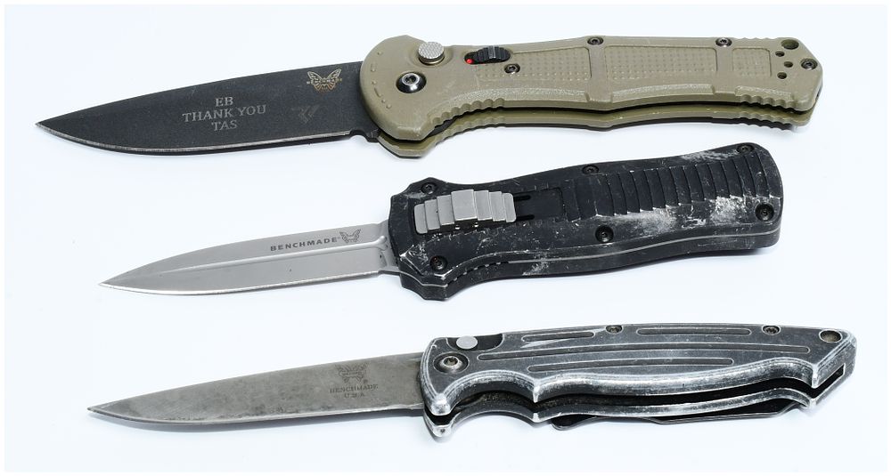 Lot 1178: Three Benchmade Knives, including a 3350 Mini-Infidel OTF Automatic Knife