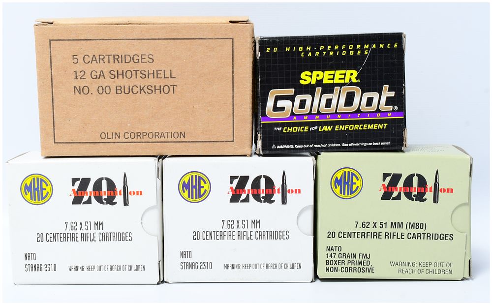 Lot 1183: 84 Rounds of ZQI 7.62x51mm NATO M80, Speer GoldDot, and Olin 12 Gauge Ammunition