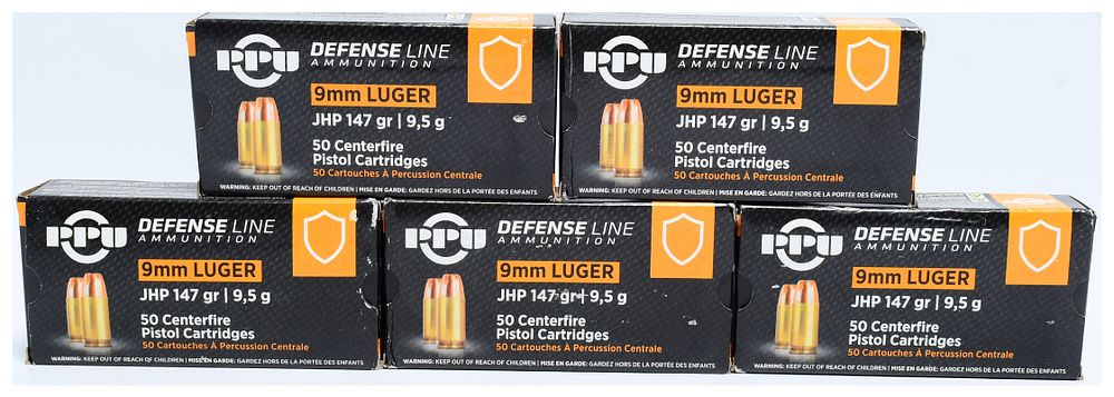 Lot 1189: 250 Rounds Prvi Partizan PPU 9mm Luger Defense Line 147 Grain Jacketed Hollow Point Ammunition