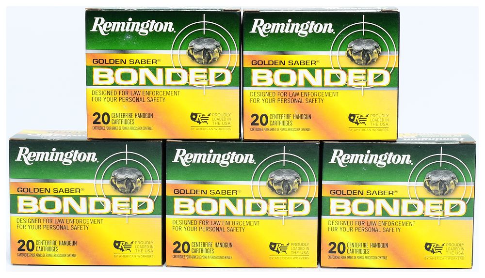 Lot 1195: Remington Golden Saber Bonded 9mm LUGER+P 124 GR. BJHP Ammunition, Five Boxes (100 Rounds Total)