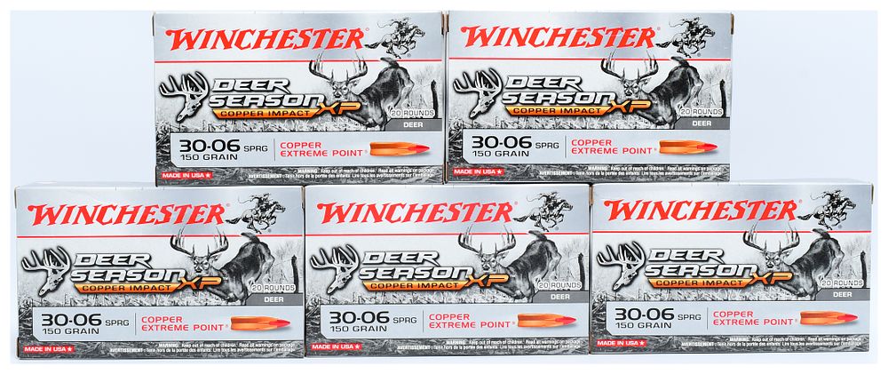 Lot 1213: Winchester Deer Season XP Copper Impact 30-06 Springfield 150 Grain Rifle Ammunition, 100 Rounds