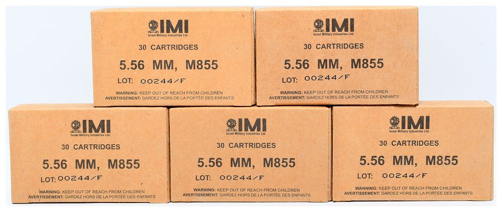 Lot 1219: 150 Rounds IMI 5.56x45 62 GR M855 FMJ Boat Tail Ammunition