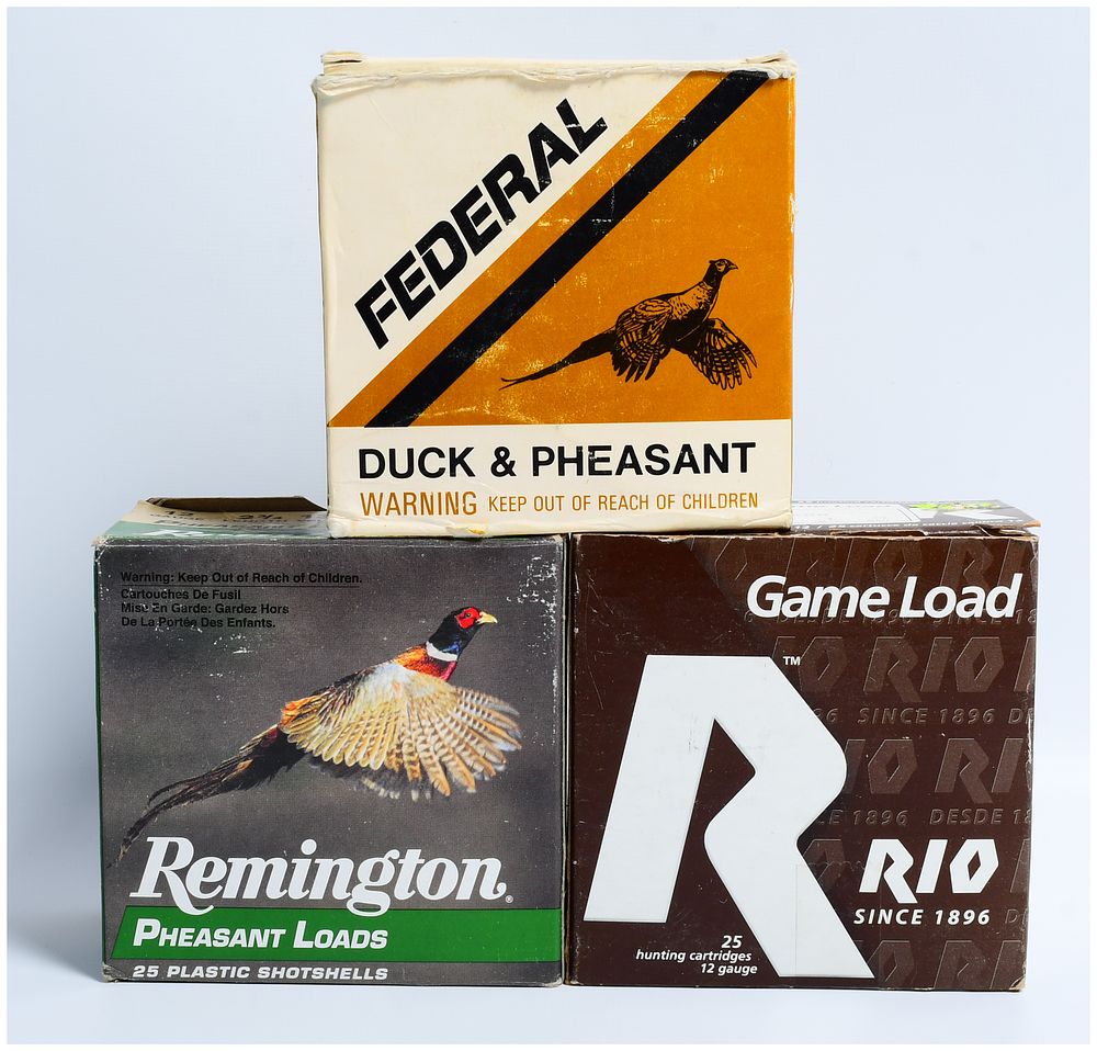 Lot 1243: Three Boxes of 12 Gauge Shotgun Ammunition: Federal, Remington, and RIO, 75 Rounds Total