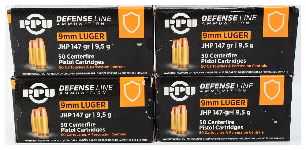 Lot 1249: PPU Defense Line 9mm Luger JHP 147 Grain Ammunition, 200 Rounds