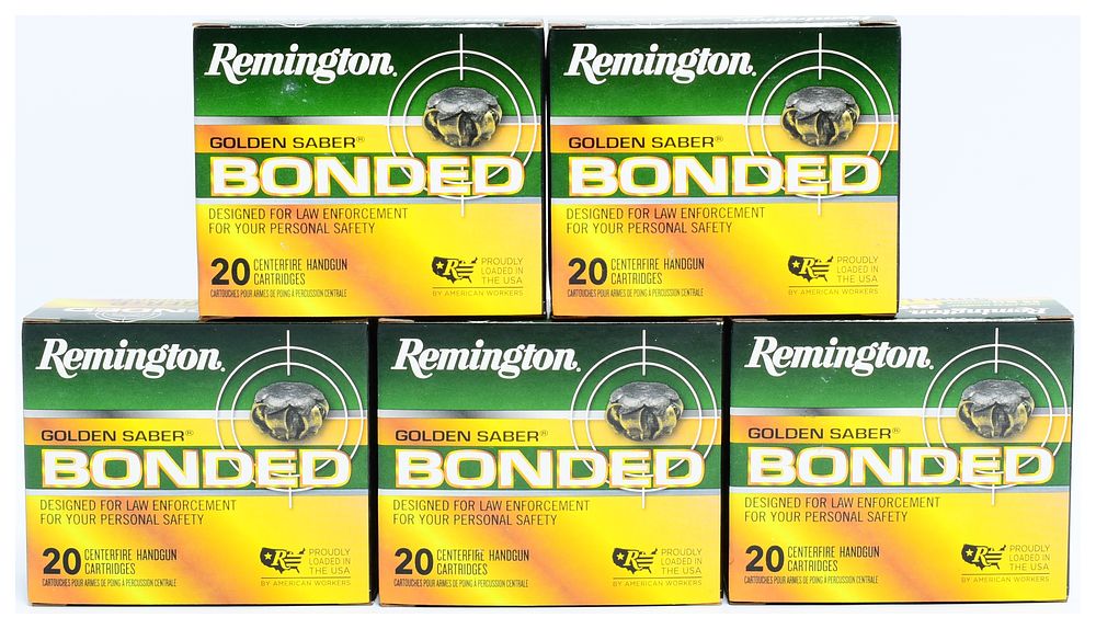 Lot 1255: Remington Golden Saber Bonded 9mm Luger +P 124 Grain BJHP Ammunition, 100 Rounds