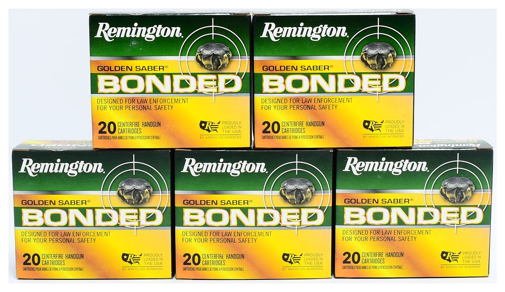 Lot 1315: 100 Rounds Remington Golden Saber Bonded 9mm LUGER+P 124 GR. BJHP BONDED Centerfire Handgun Cartridges