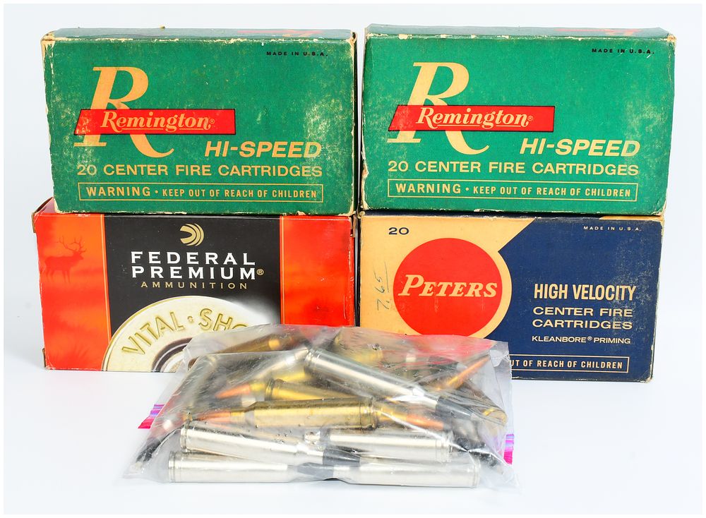 Lot 1327: 121 Rounds of Mixed Vintage and Modern Centerfire Ammunition, including Federal Premium Vital-Shok, Remington Hi-Speed, and Peters High Velocity
