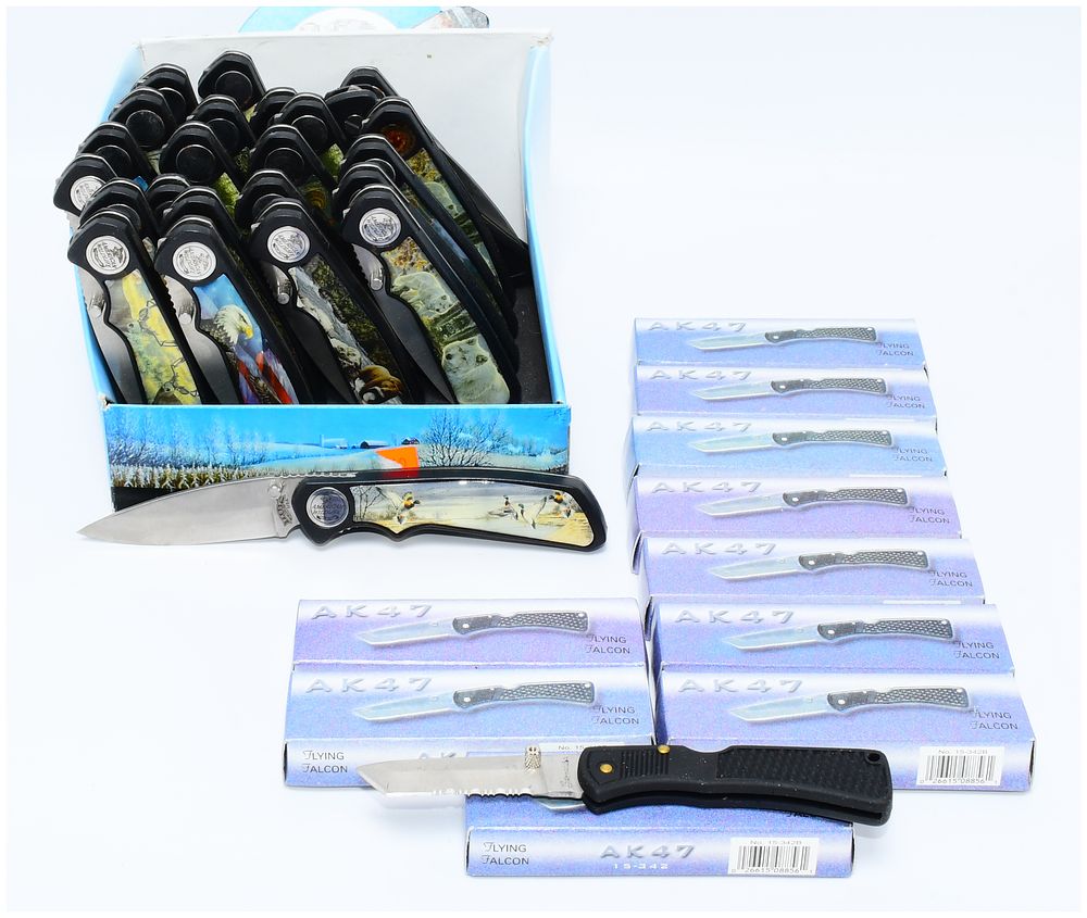 Lot 1328: A Group of Contemporary AK47 and Flying Falcon Folding Knives