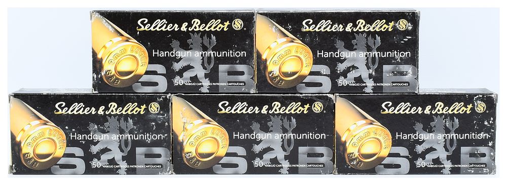 Lot 1333: Sellier & Bellot 9mm Luger 115gr Jacketed Hollow Point Handgun Ammunition, 250 Rounds