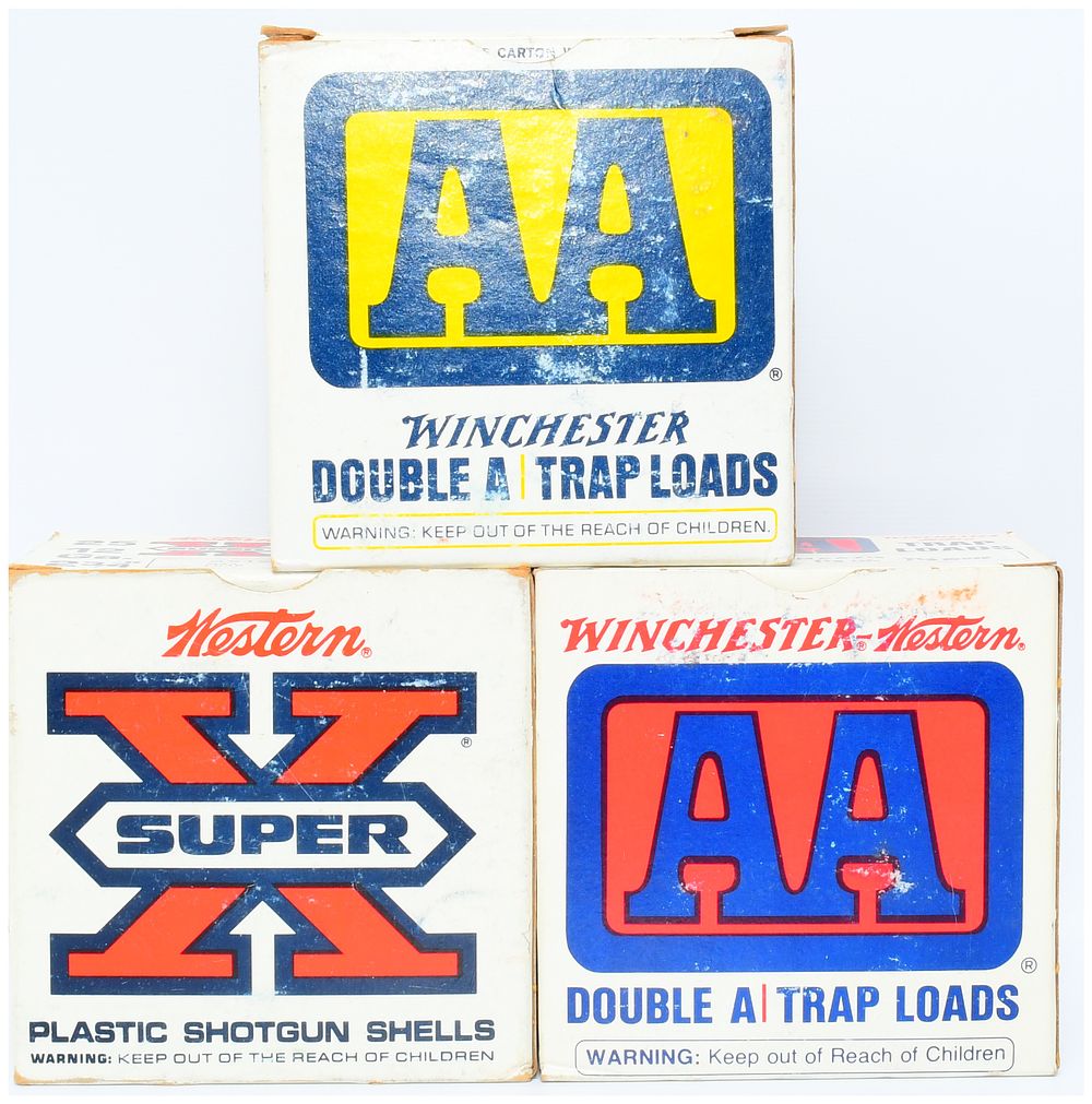 Lot 1354: 75 Rounds of Vintage Winchester AA and Western Super X 12 Gauge Trap Loads in three Cardboard Boxes