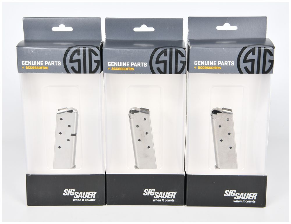 Lot 1373: Three Sig Sauer P238 .380 ACP 6 Round Steel OEM Pistol Magazines, New-in-Box
