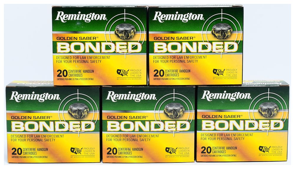 Lot 1375: Remington Golden Saber Bonded 9mm Luger +P 124 Grain BJHP Ammunition, 100 Rounds