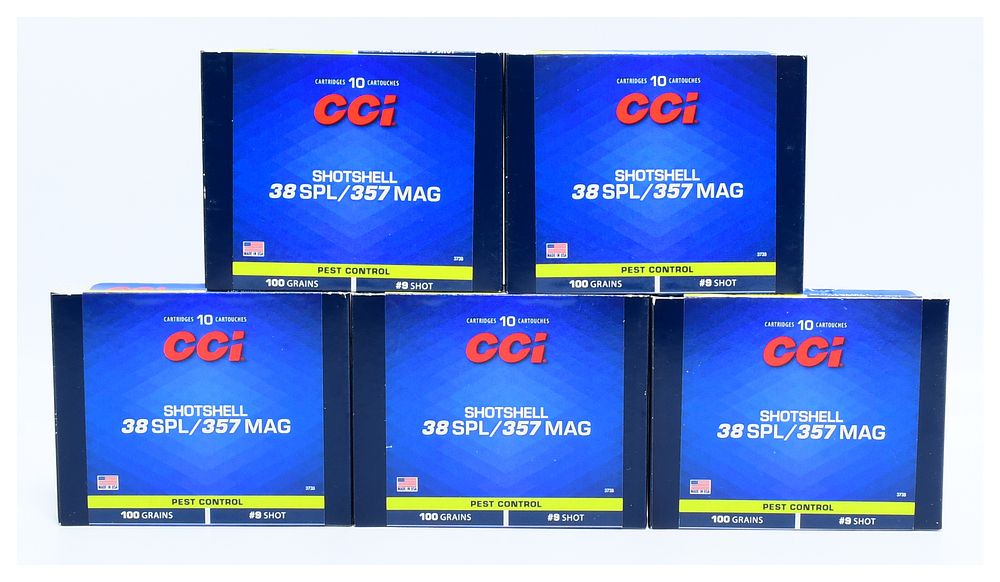 Lot 1396: A Lot of 50 Rounds CCI Shotshell .38 Special / .357 Magnum Pest Control 100 Grain #9 Shot Aluminum Case Ammunition