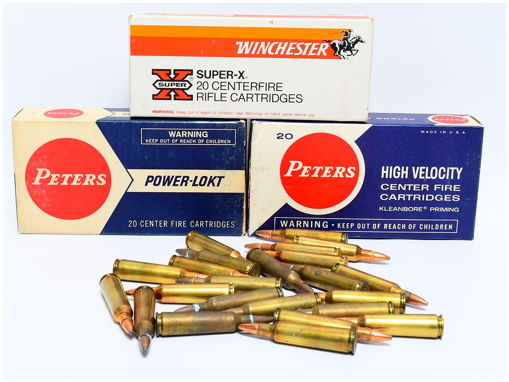 Lot 1411: A Collection of 83 Rounds of Vintage Peters and Winchester .22-250 Remington Centerfire Rifle Ammunition