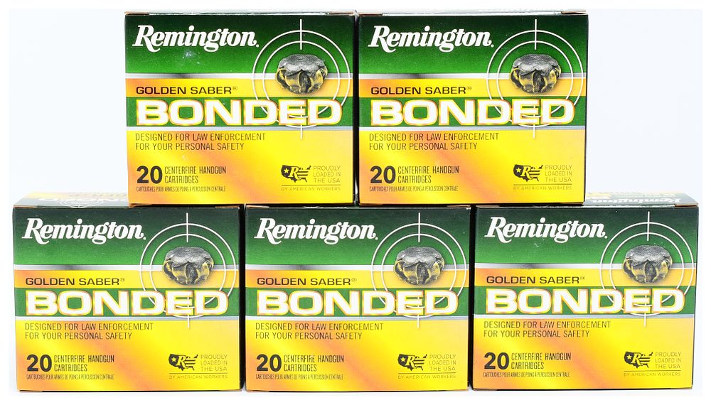 Lot 1435: Remington Golden Saber Bonded 9mm Luger +P 124 Grain BJHP Bonded Centerfire Handgun Ammunition, 100 Rounds