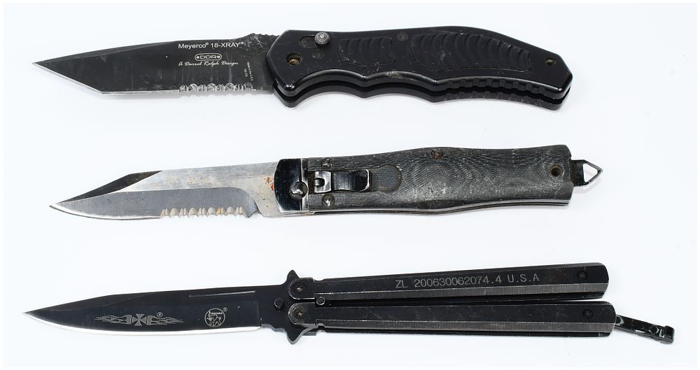 Lot 1448: Three Modern Folding Knives, including a Microtech OSS Cobra and a Meyerco 18-XRAY
