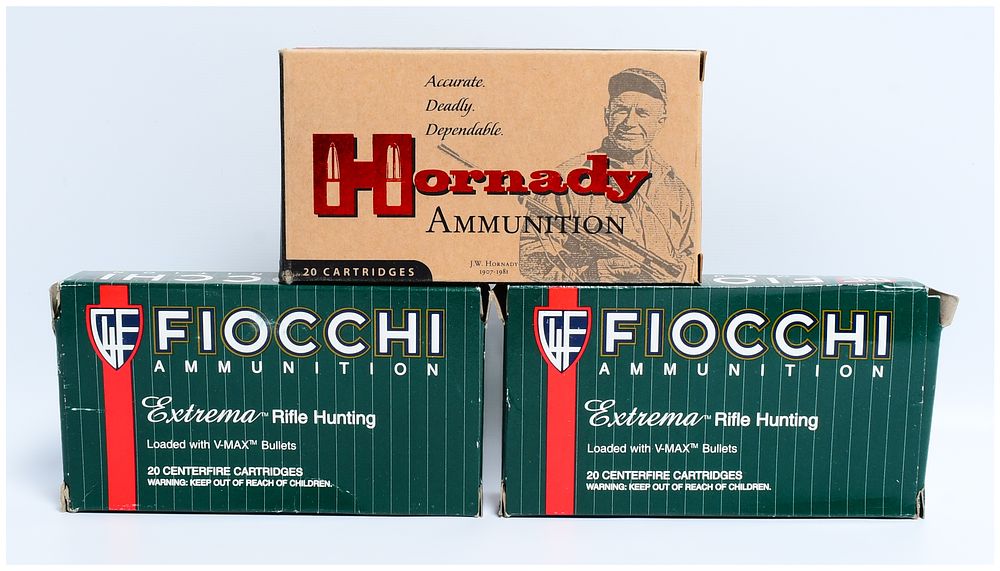 Lot 1471: Hornady Varmint Express and Fiocchi Extrema Rifle Hunting .22-250 REM 55 gr V-MAX Ammunition, 60 Rounds