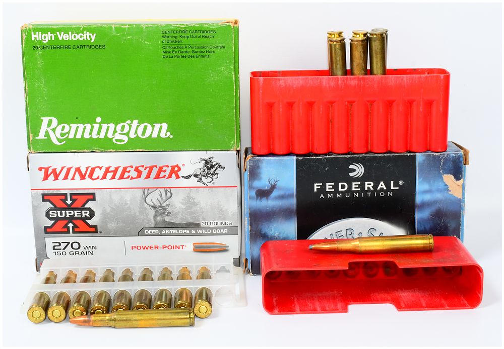 Lot 1474: A Collection of 72 Mixed Centerfire Rifle Rounds, including Winchester .270 Win, Federal, and Remington