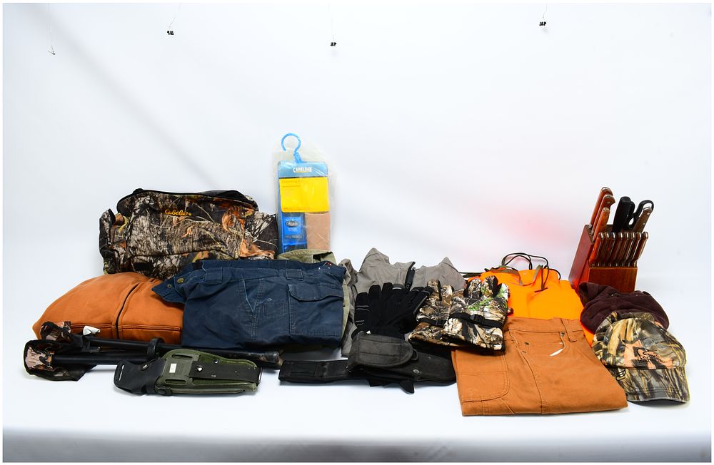 Lot 1475: A Group of Contemporary Outdoor and Hunting Gear, including a Cabela's Mossy Oak Backpack and a New Camelbak Hydration Pack