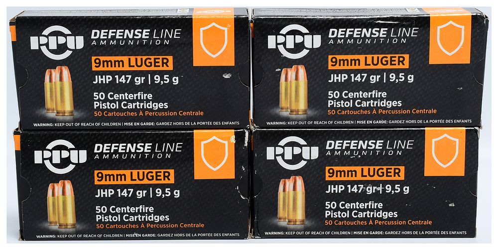Lot 1489: PPU Defense Line 9mm Luger JHP Ammunition, 147 Grain, 200 Rounds