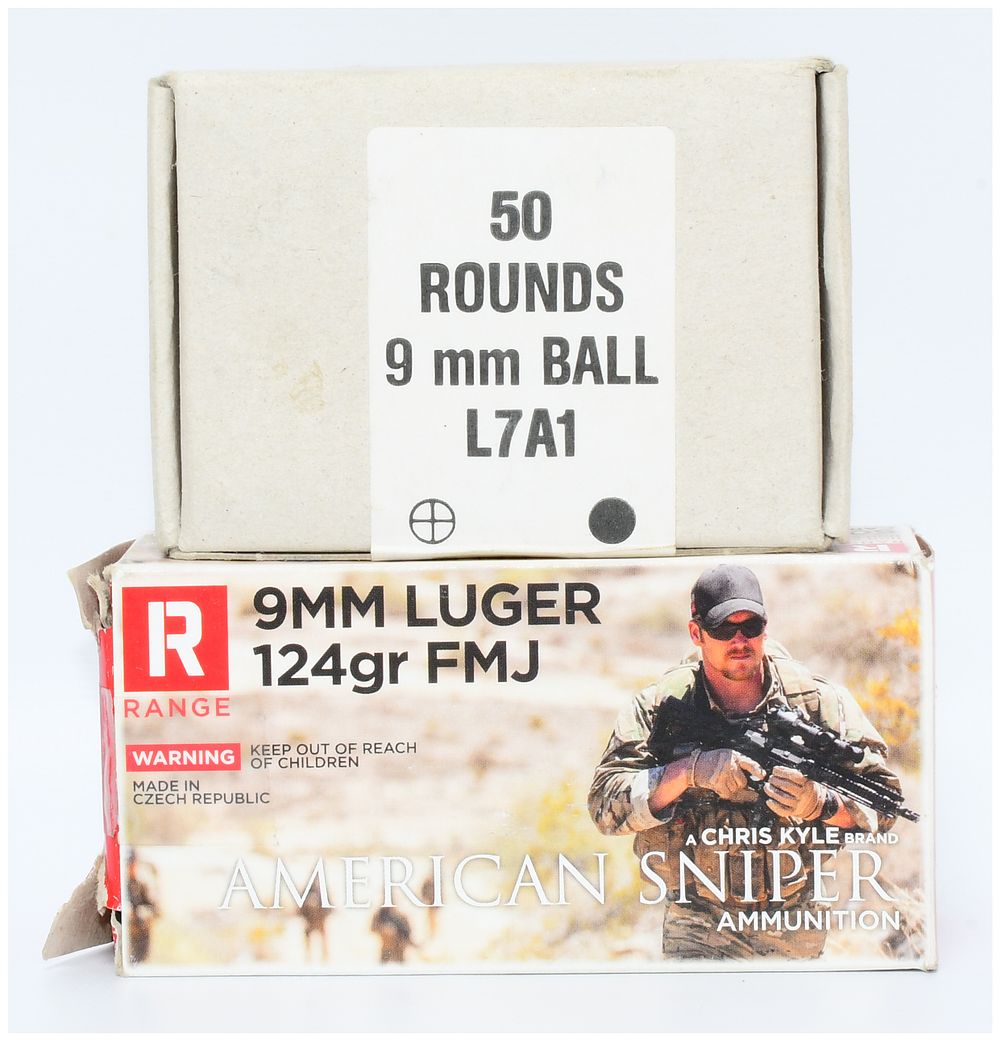 Lot 1492: 100 Rounds of Chris Kyle American Sniper 9mm Luger Ammunition, 124-Grain FMJ